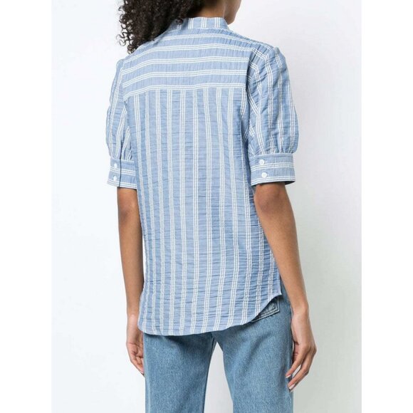 Veronica Beard Light Blue Vertical Striped Short Sleeve Button Down Shirt - Picture 3 of 14